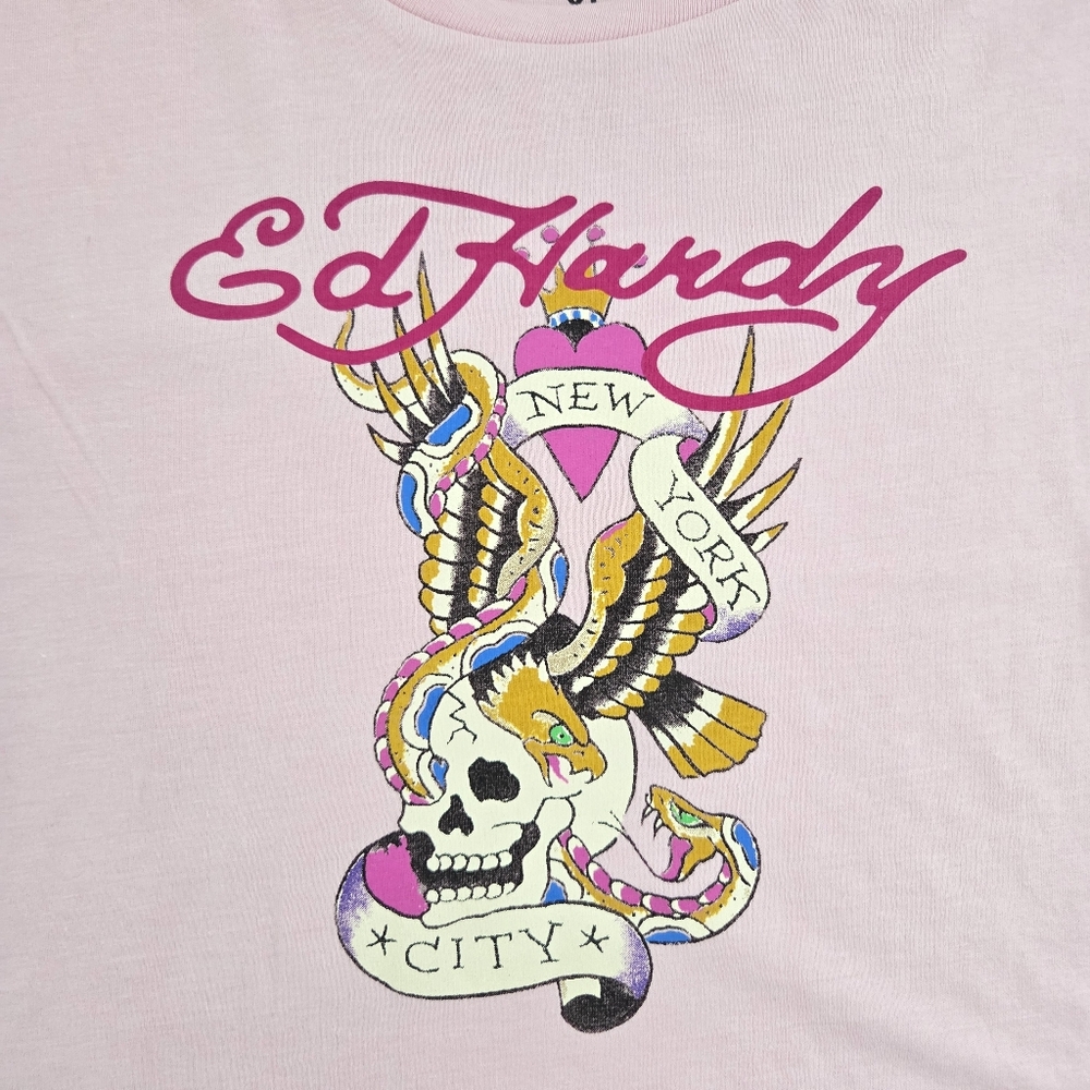 Y2K Ed Hardy Light Pink Snake Skull Tattoo Graphic Art XLarge Cropped Tee NYC - Picture 7 of 15